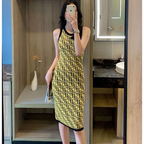 Replica Designer FENDI Women Double F Retro Slim Knitted Dress