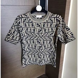 Replica Designer FENDI Women F Irregular Letter Jacquard Round Neck Short Sleeve Knitted Top