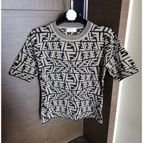 Replica Designer FENDI Women F Irregular Letter Jacquard Round Neck Short Sleeve Knitted Top