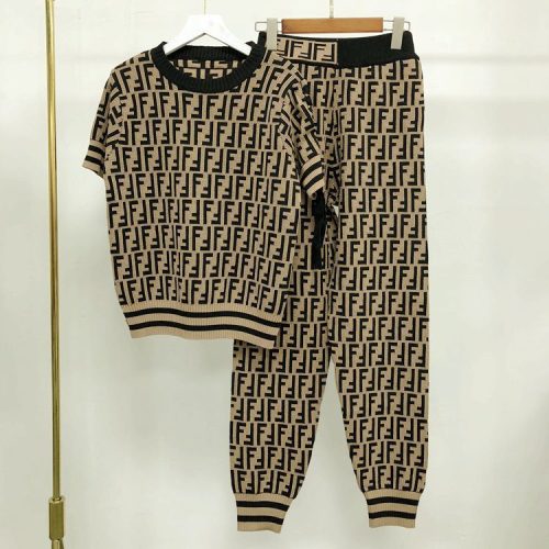 Replica Designer FENDI Women Fashion Casual Creative Letter Jacquard Short-Sleeved Harem Pants Two-Piece Set