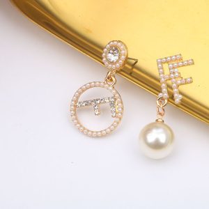 Replica Designer FENDI Women Fashion Rhinestone Pearl Asymmetric Temperament Letter Earring