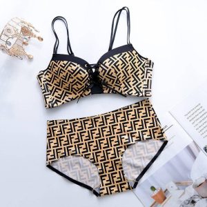 Replica Designer FENDI Women Small Chest Gathered Thickened No Steel Ring Glossy Bra Set Underwear