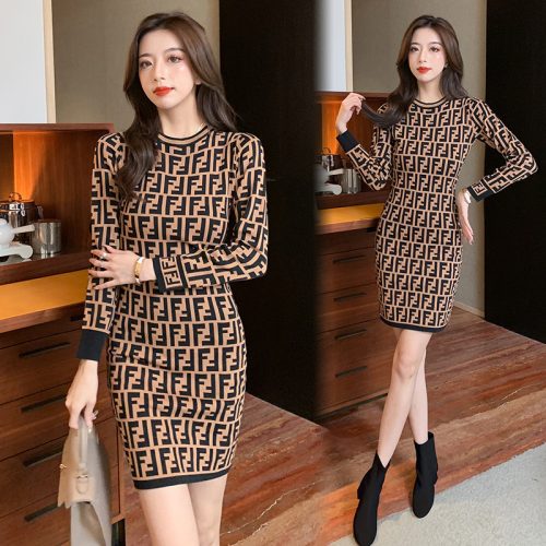 Replica Designer FENDI Women Temperament Knitted Sweater Design Hip Bottoming Dress