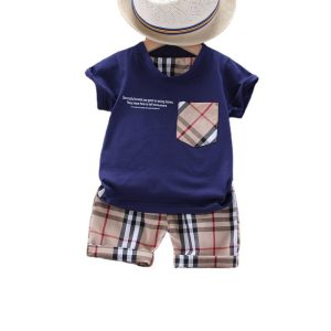 Replica Designer Fashion Children'S Clothing Boys And Girls Casual Breathable Plaid Round Neck Short-Sleeved Tee Shorts Two-Piece Set