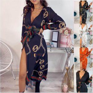 Replica Designer Feminine Baroque Print Tie Waist Dress
