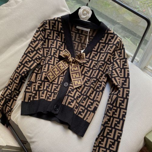 Replica Designer Fendi Bow Letter Print Long Sleeve V Neck Knit Cardigan