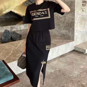 Replica Designer Fendi Bronzing Printing Short Sleeve T-Shirt And Skirt 2pc Set