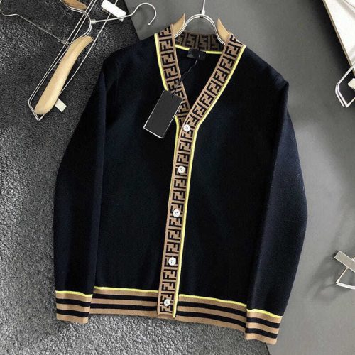 Replica Designer Fendi Double F Webbing Jacquard Knit Cardigan