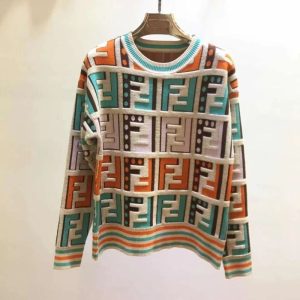 Replica Designer Fendi Fashion Jacquard Embroidery Contrast Color Long Sleeve Knit Top
