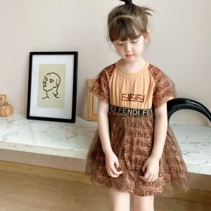 Replica Designer Fendi Kids Girls Letters Mesh Short-Sleeved Princess Dress