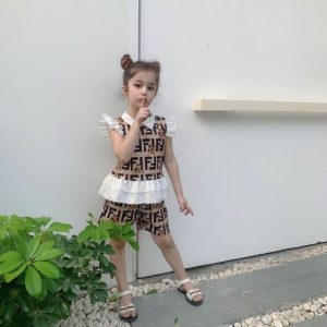 Replica Designer Fendi Kids Girls Ruffle Sleeves Tops And Shorts 2pcs Set