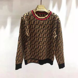 Replica Designer Fendi Letter Contrast Color Knitted Slim Round Neck Long Sleeve Top