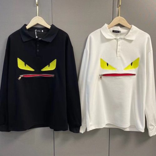 Replica Designer Fendi Men Lapel Monster Long-Sleeved T-Shirt