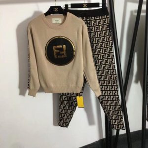 Replica Designer Fendi Sequin Embroidered Letter Knit Sweate And Pants 2pcs Set