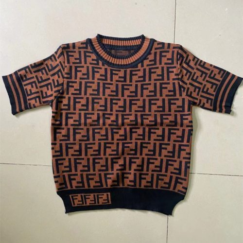 Replica Designer Fendi Short Sleeve Round Neck Women Retro Ice Silk Knitted Top