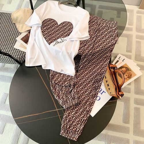 Replica Designer Fendi Women Casual White T-Shirt And Loose Leggings 2pcs Set