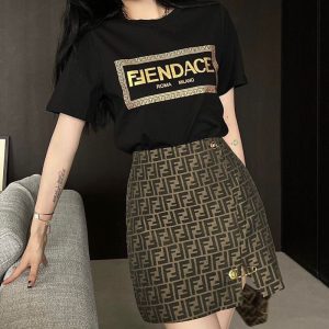 Replica Designer Fendi Women Color Matching T-Shirt And Skirt 2pcs Set