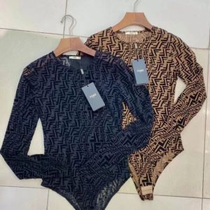 Replica Designer Fendi Women Mesh Flocking Letter Slim One-Piece Long-Sleeved Bodysuit