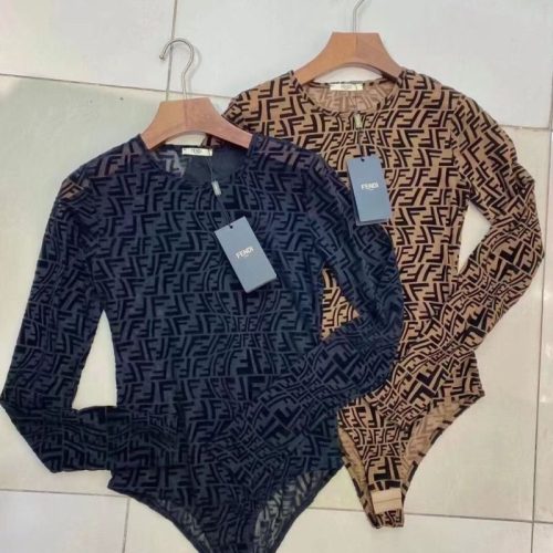 Replica Designer Fendi Women Mesh Flocking Letter Slim One-Piece Long-Sleeved Bodysuit