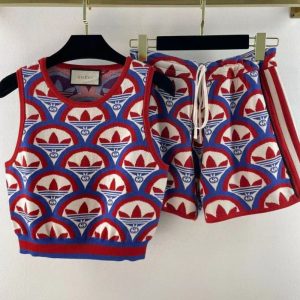 Replica Designer GUCCI Adidas Women Knitted Beaded Fabric Fashion Vest And Drawstring Shorts Suit