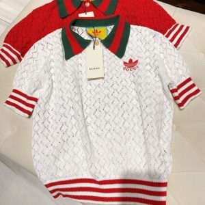 Replica Designer GUCCI Adidas Women Trend Hollow Letter Embroidery Lapel Short-Sleeved Knitted Top