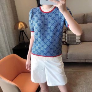 Replica Designer GUCCI Women Double G Letter Sweater Retro Pullover Short-Sleeved T-Shirt