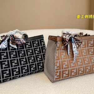 Replica Designer Gray Fendi Houndstooth Wool Shopper With Ff Embroidery Bag