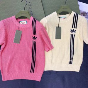 Replica Designer Gucci Adidas Women Embroidery Stripe Contrast Color Knitted Short-Sleeved Tops