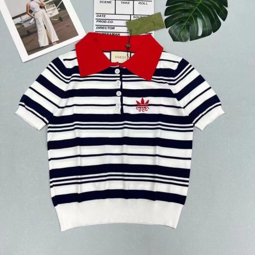 Replica Designer Gucci Adidas Women Letter Embroidery Stripe Polo Collar Button Short-Sleeved Knitted Slimming Top