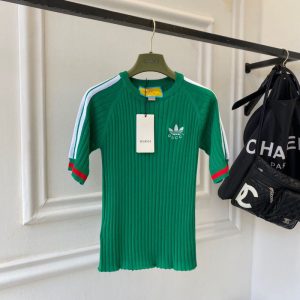 Replica Designer Gucci Adidas Women Retro Striped Embroidery Knitted Round Neck Top