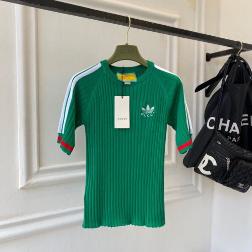 Replica Designer Gucci Adidas Women Retro Striped Embroidery Knitted Round Neck Top