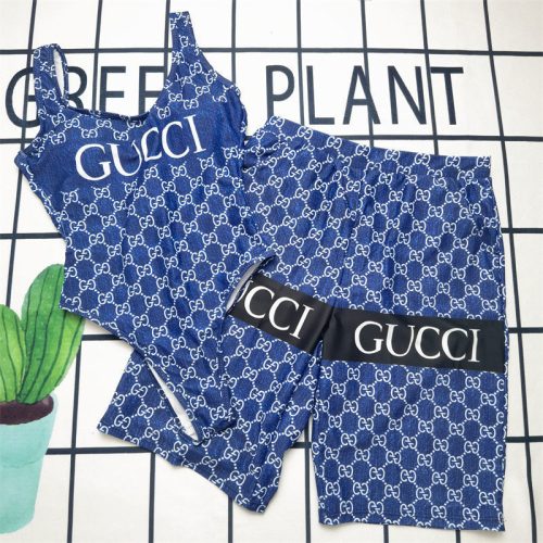 Replica Designer Gucci Backless U-Neck Printed Blue Swimwear