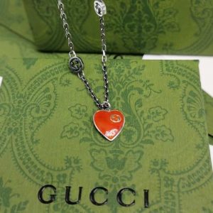 Replica Designer Gucci Double G Heart-Shaped Red Enamel Necklace
