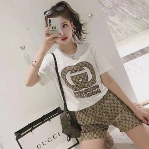 Replica Designer Gucci Fashion Women Short Sleeve Tshirt And Shorts 2pcs Set
