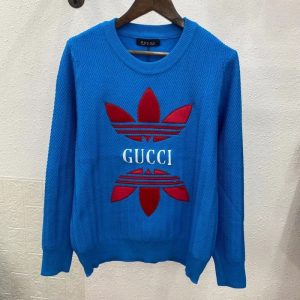 Replica Designer Gucci Jacquard Embroidery Letters Blue Sweater