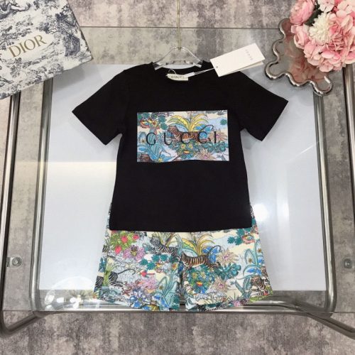 Replica Designer Gucci Kids Boys Girls Tiger Flower Printing Short Sleeve T-Shirts And Shorts 2pcs Set