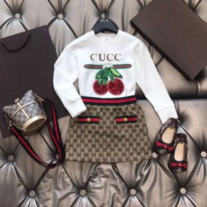 Replica Designer Gucci Kids Girls Long-Sleeved Cherry Sweatshirt And Skirt 2pcs Set