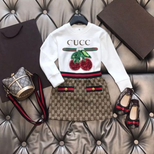 Replica Designer Gucci Kids Girls Long-Sleeved Cherry Sweatshirt And Skirt 2pcs Set