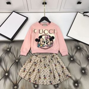 Replica Designer Gucci Kids Girls Long-Sleeved Pink Sweatshirt And Mesh Skirt 2pcs Set