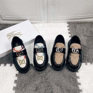 Replica Designer Gucci Kids Printed Contrast Color Leather Loafers