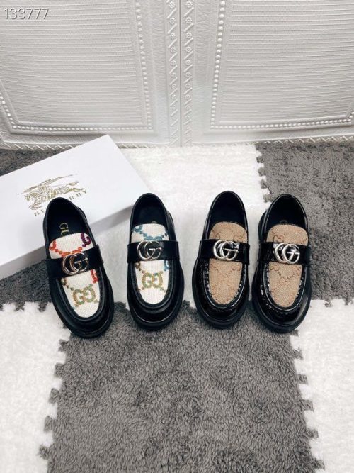 Replica Designer Gucci Kids Printed Contrast Color Leather Loafers