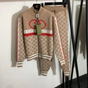Replica Designer Gucci Knitted Letter Stand-Up Collar Long-Sleeved Zipper Cardigan Jacket And Pants 2pcs Set