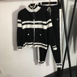Replica Designer Gucci Knitted Stripe Color-Blocking Stand-Up Collar Zipper And Pants 2pcs Set