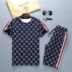Replica Designer Gucci Men Casual Round Neck T-Shirt And Shorts 2pcs Set