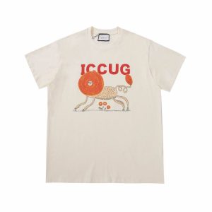 Replica Designer Gucci Men Women Mirror Lion Short-Sleeved T-Shirt