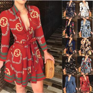 Replica Designer Gucci V-Neck Fashion Sexy Print Long Sleeve Dress