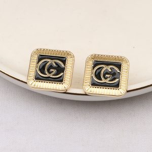 Replica Designer Gucci Women Classic Letter Double G Black Enamel Square Earrings