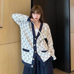 Replica Designer Gucci Women Contrast Color Letter Cardigan