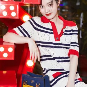 Replica Designer Gucci Women Contrast Ice Silk Retro Lapel Stripe Intarsia Pattern Classic A-Line Fit Dress
