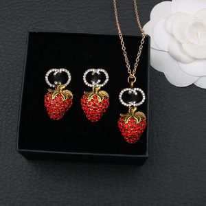 Replica Designer Gucci Women Fashion Ethnic Red Diamond Strawberry Necklace Stud Earrings Necklace